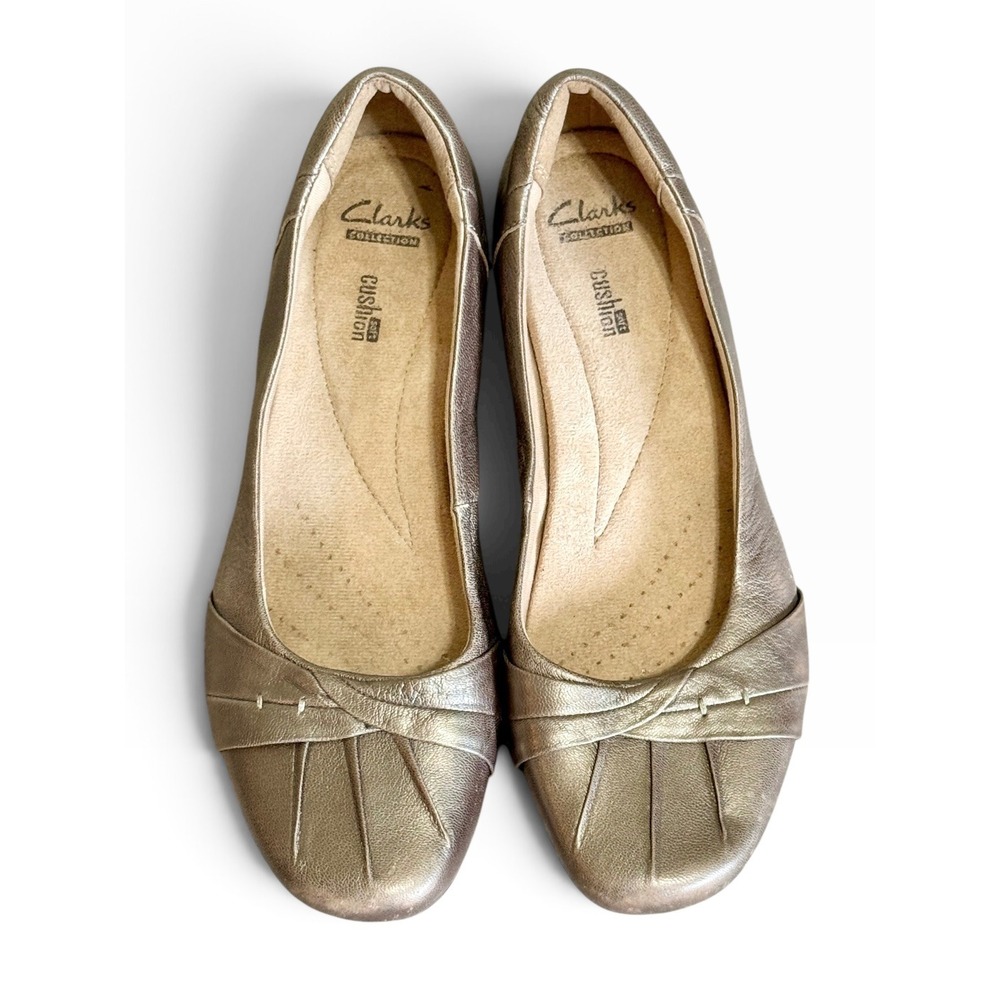 Clarks Collection Cushion Soft Metallic Bronze Leather Pleated Flats Womens 9